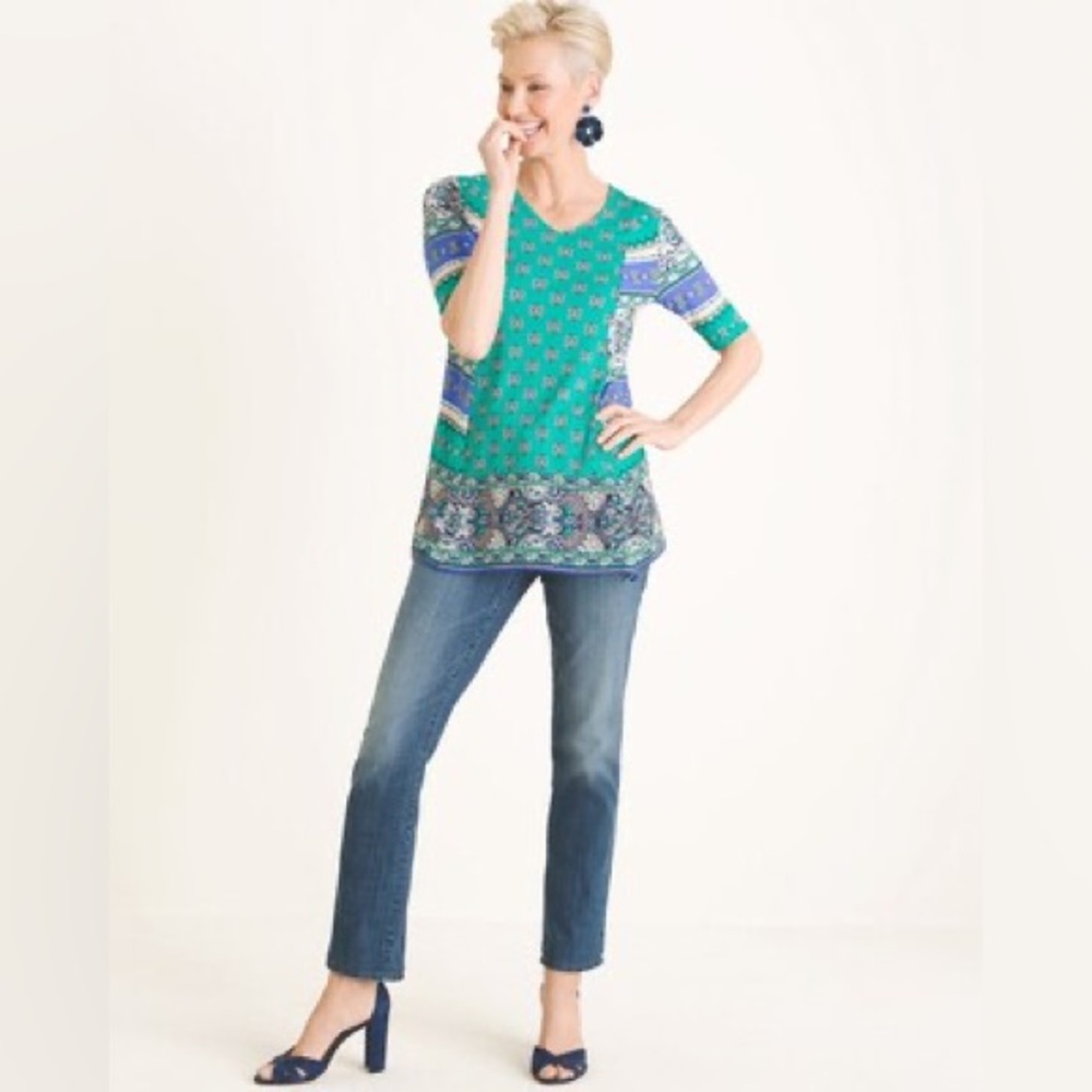 Chico's Green Graphic 3/4 Sleeve Tunic